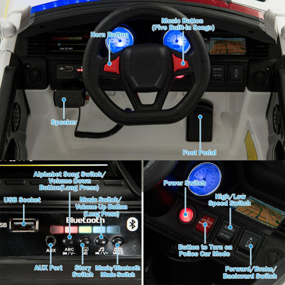 12V Ride on Police Car w/Remote Control-Bluetooth-Lights/Sounds