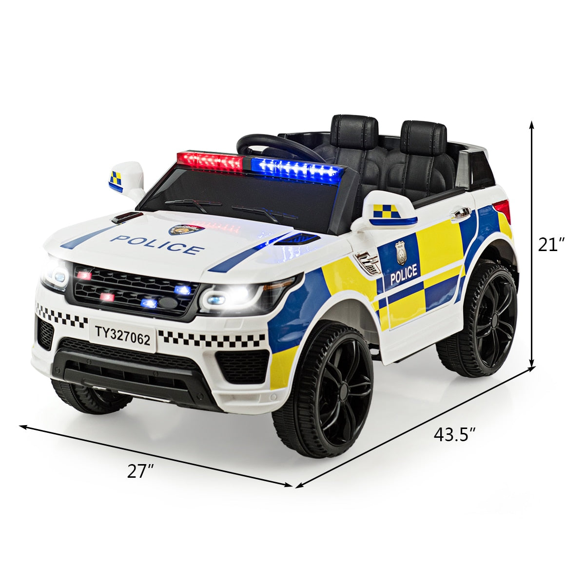 12V Ride on Police Car w/Remote Control-Bluetooth-Lights/Sounds