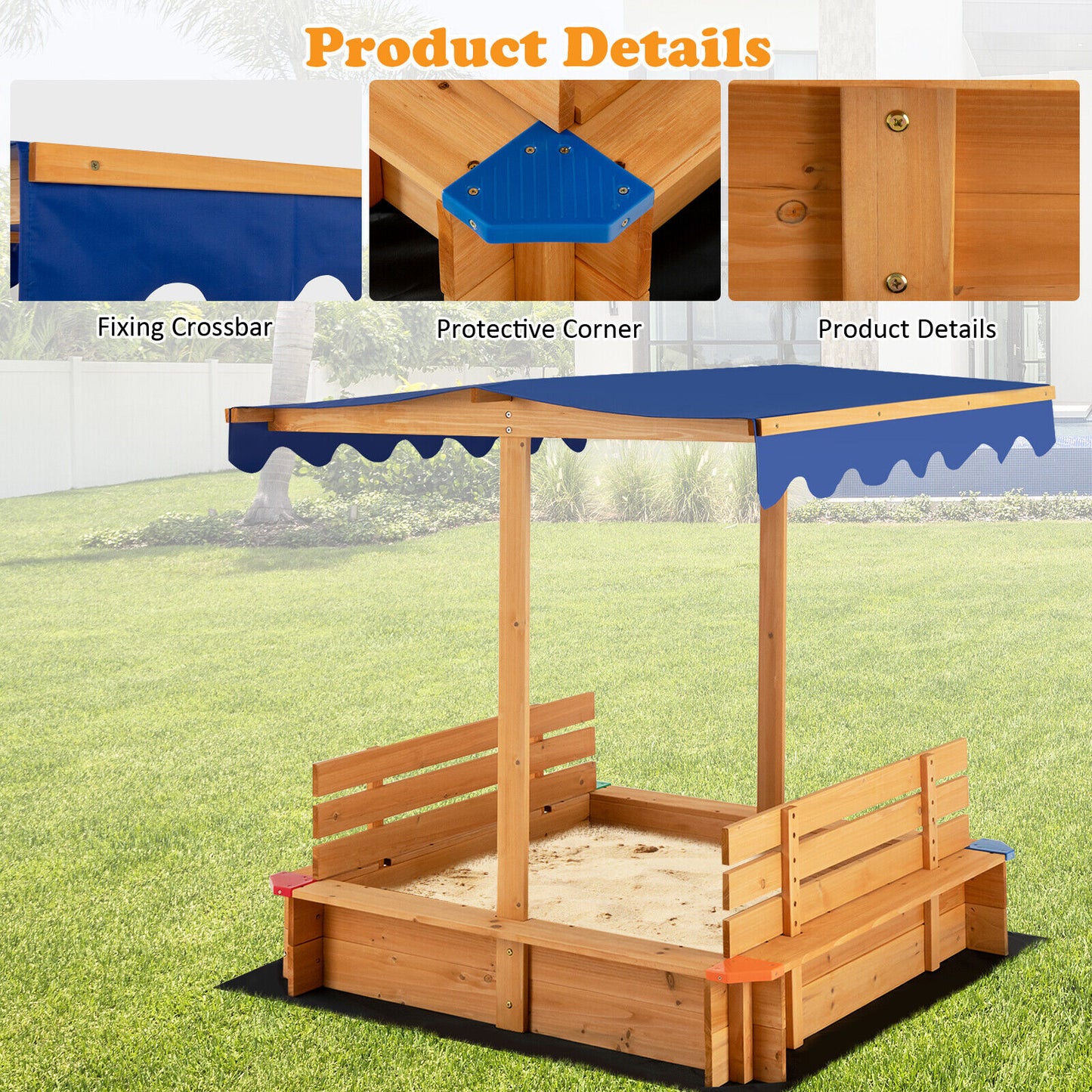 Costway  Sandbox-Cedar Wooden w/ Waterproof Canopy 2 Bench Seats-Bottom Liner