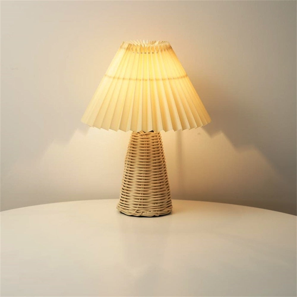 Pleated Table Lamp Rattan Base-Dimmable USB Bedside-12in