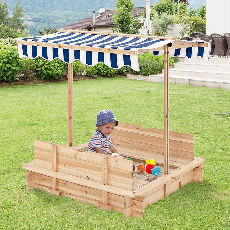 Cedar Wooden Sandbox w/ Canopy & Foldable Bench Seats