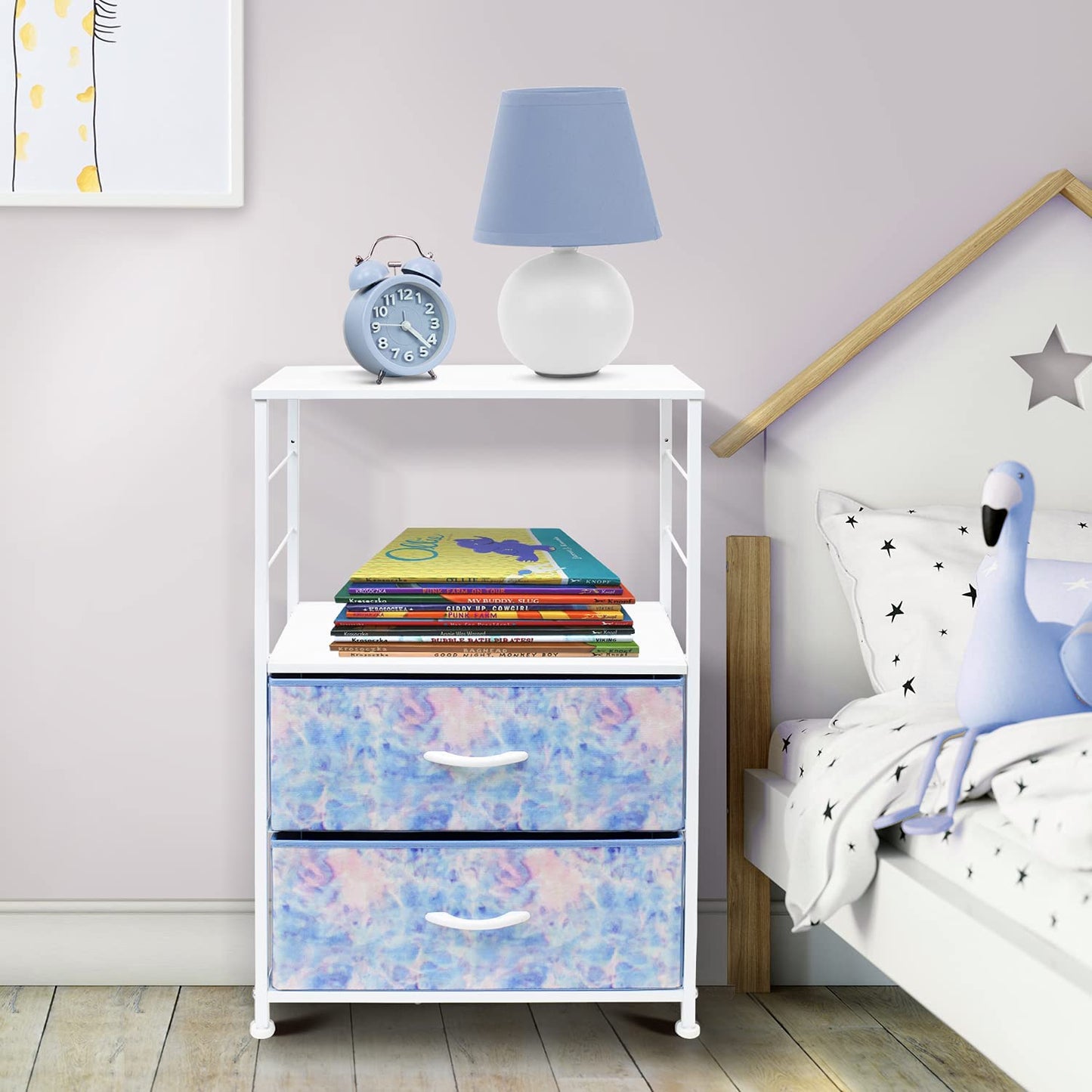 Kids Nightstand 2-Drawer Fabric Bin Dresser -Steel Frame, Wood Top