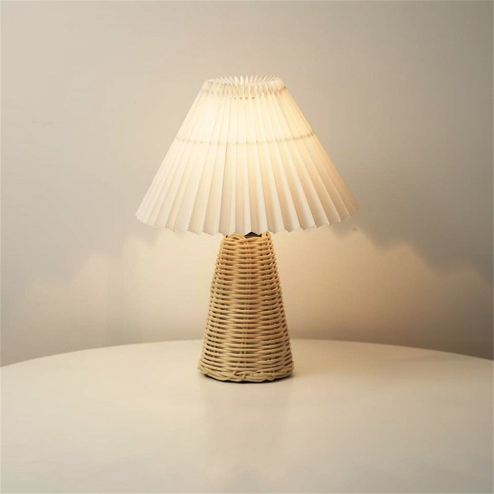 Pleated Table Lamp Rattan Base-Dimmable USB Bedside-12in