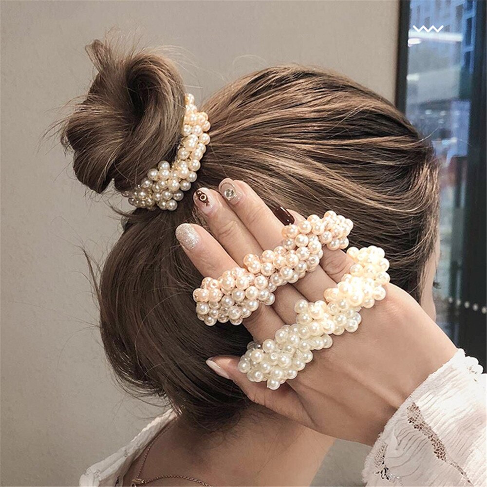 Girls Elegant Pearl Elastic Hair Band Ponytail Holder