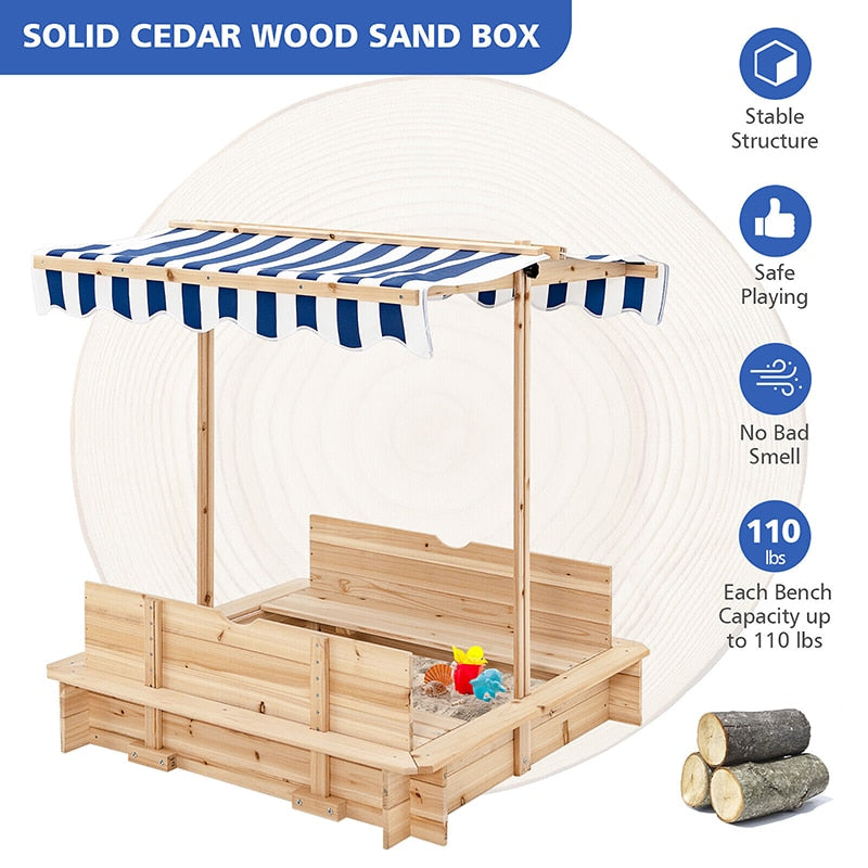 Cedar Wooden Sandbox w/ Canopy & Foldable Bench Seats