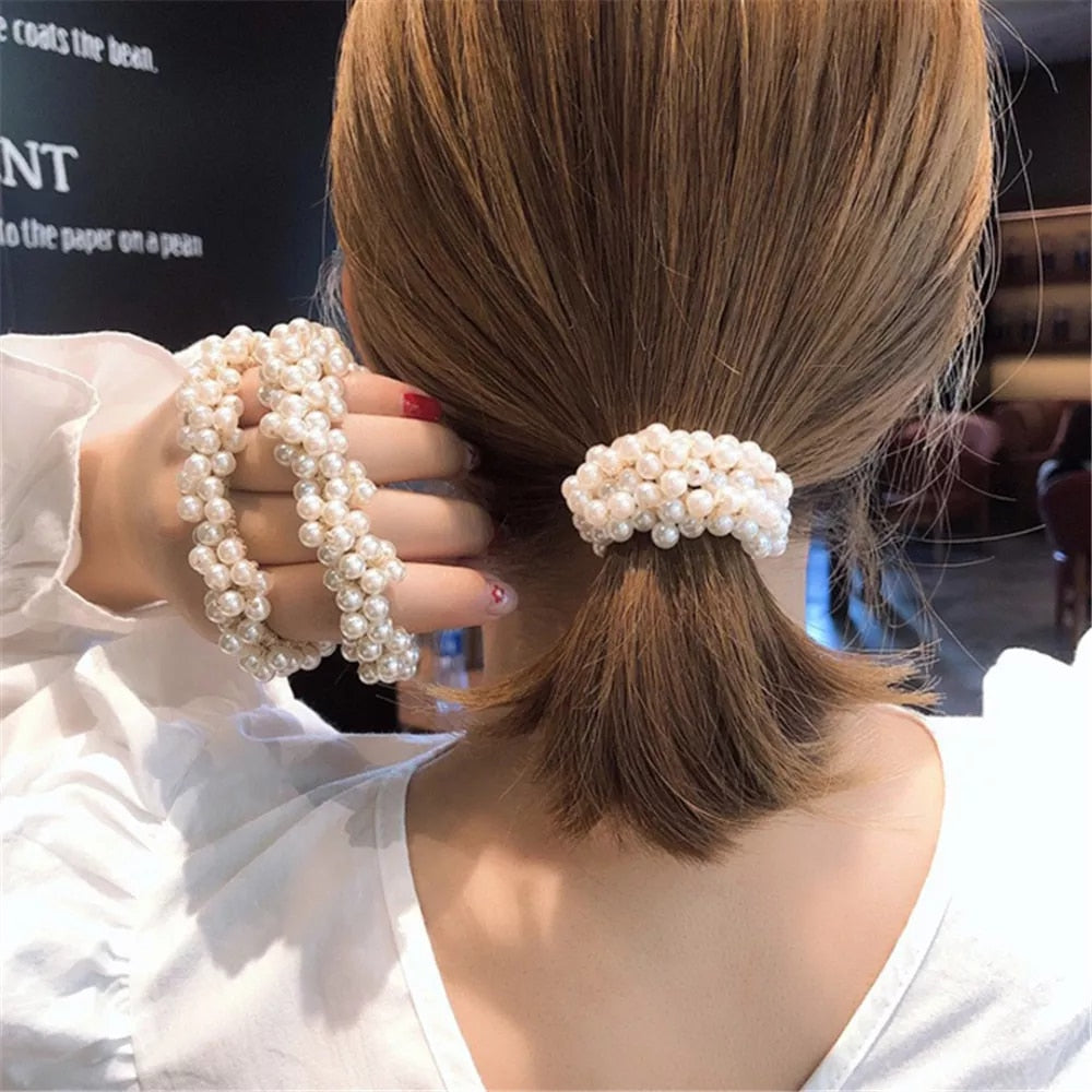 Girls Elegant Pearl Elastic Hair Band Ponytail Holder