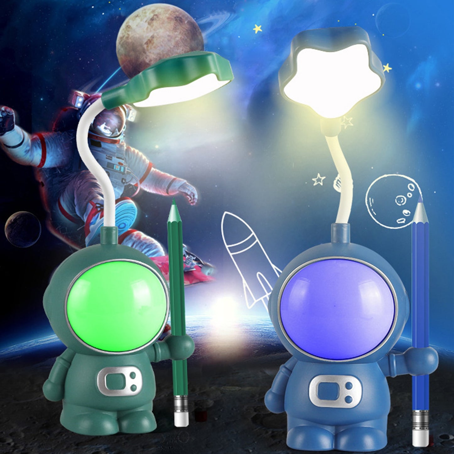 LED Night Light-Pencil Sharpening Astronaut Gradient Lighting 2 Gears Dimmable USB Charging