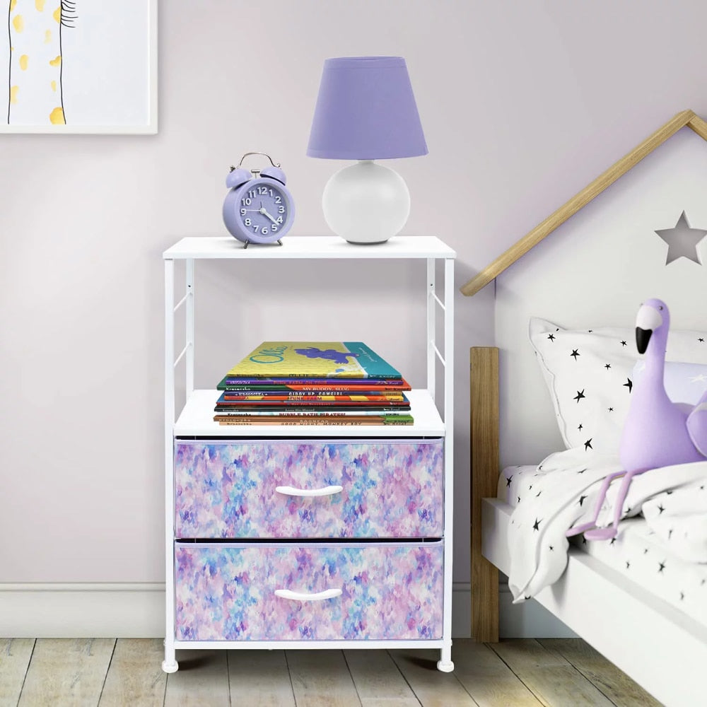 Kids Nightstand 2-Drawer Fabric Bin Dresser -Steel Frame, Wood Top