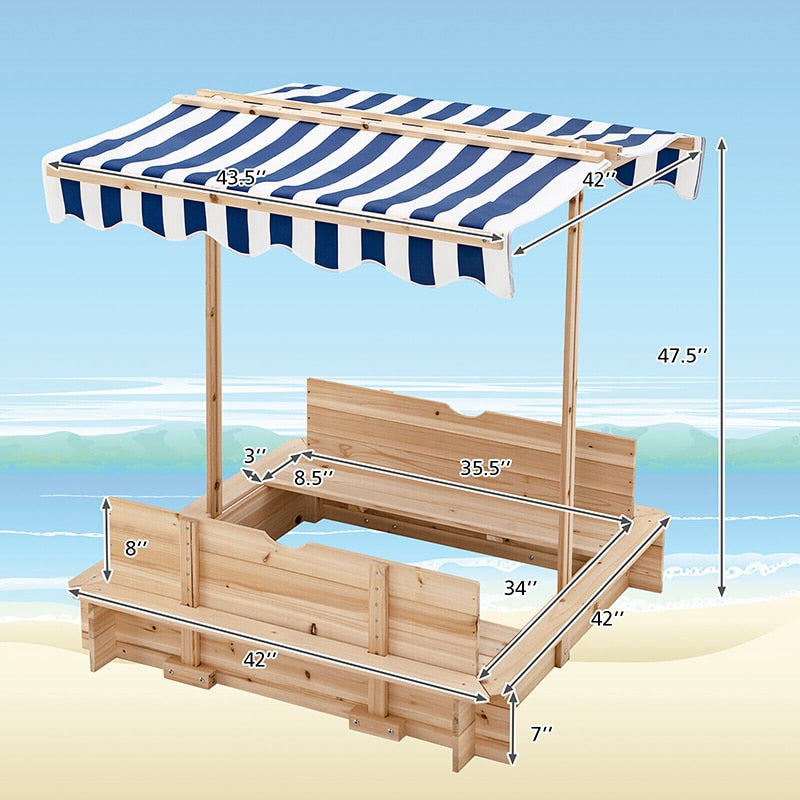 Cedar Wooden Sandbox w/ Canopy & Foldable Bench Seats