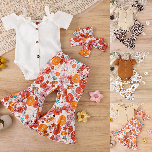 Baby Girl 3pc Solid Top & Floral Flare Pants, Age: 3m+