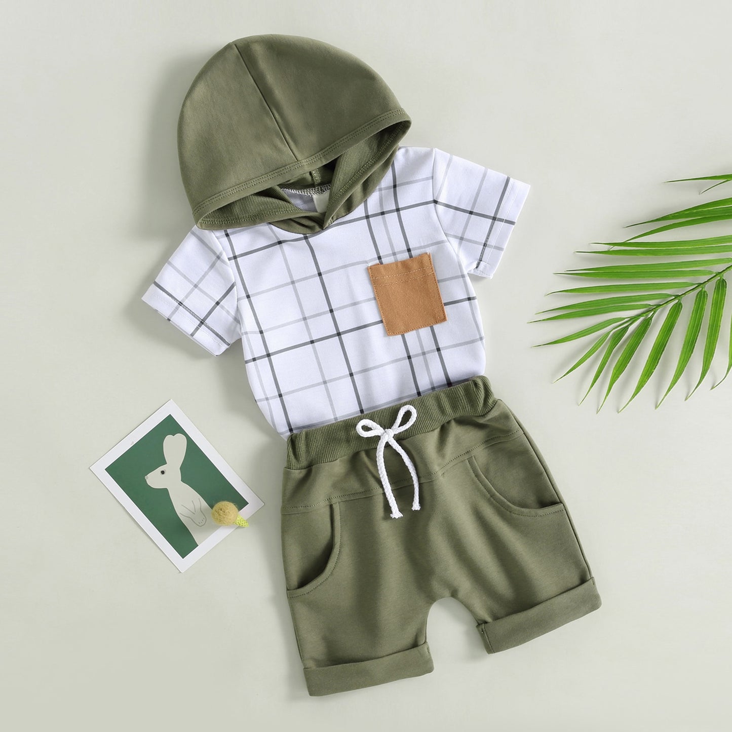 Baby Boy Plaid Print Hooded Shirt + Tie Front Short 3m-24m, 2T