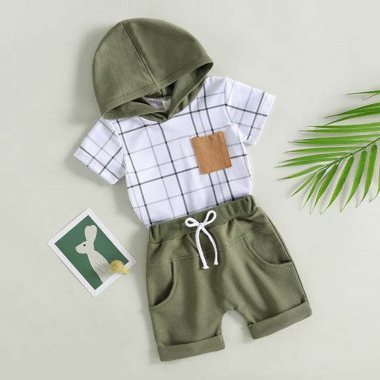 Baby Boy Plaid Print Hooded Shirt + Tie Front Short 3m-24m, 2T