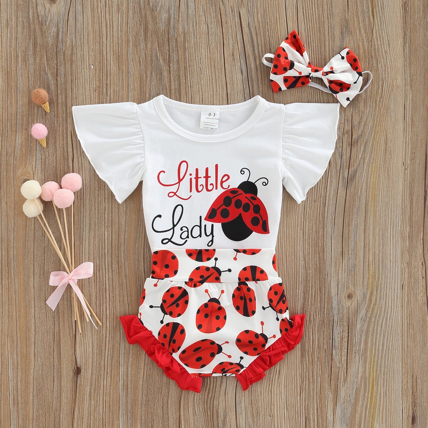 Baby Girls 0-18M Clothes Set Cow Ladybug-Shorts-Headband