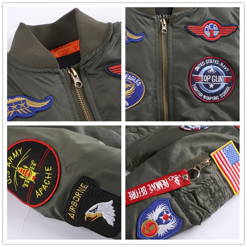 Military Flight Quilted Satin Bomber Jacket w/ Patches 2-10yo