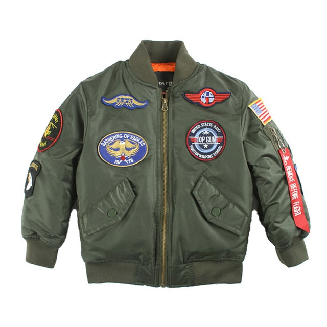 Military Flight Quilted Satin Bomber Jacket w/ Patches 2-10yo