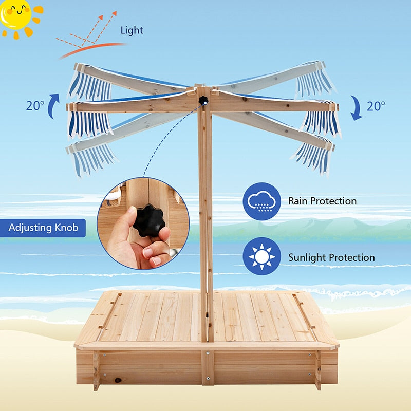 Cedar Wooden Sandbox w/ Canopy & Foldable Bench Seats