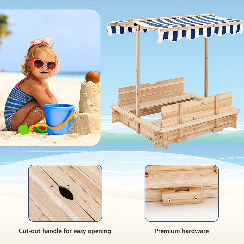 Cedar Wooden Sandbox w/ Canopy & Foldable Bench Seats