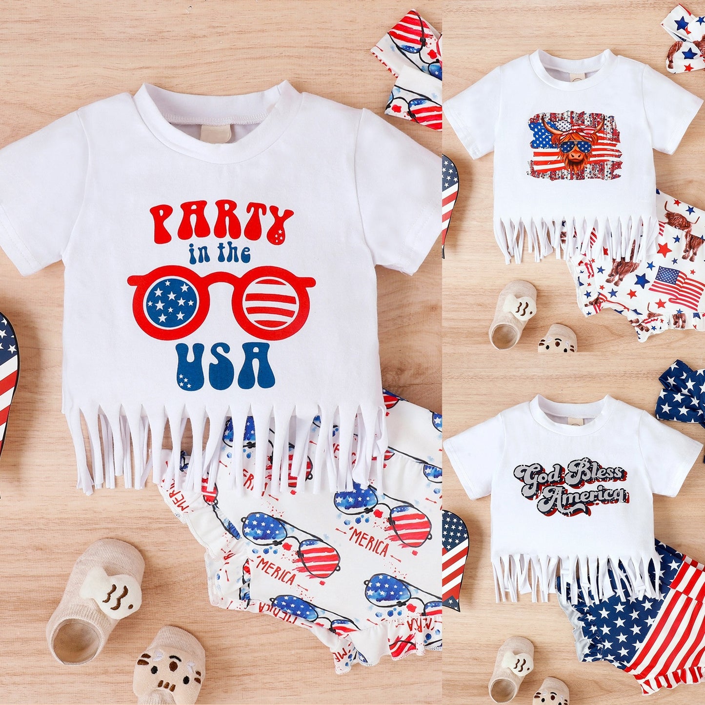 Baby Girls Independence Day Tassel Top, Shorts & Bow Set