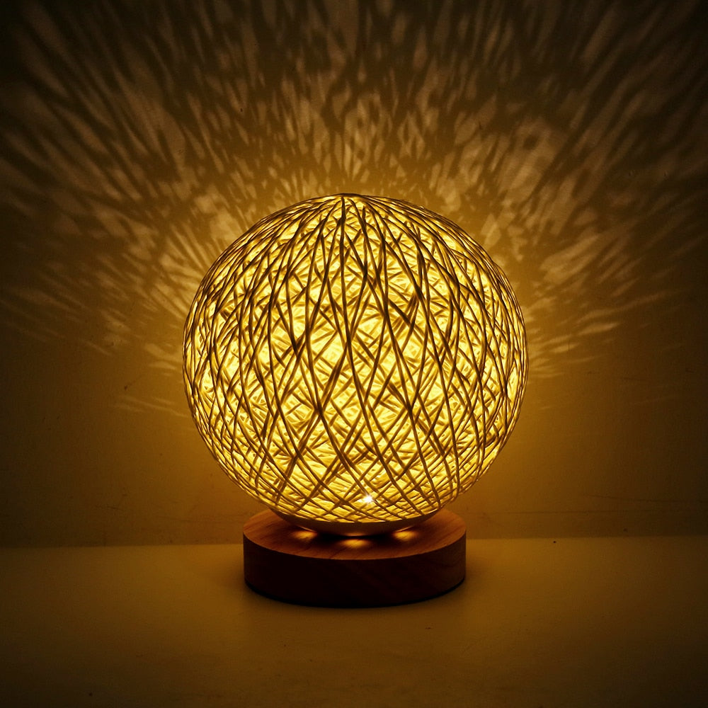 3W USB Table Night Light-Dimmable-Hand-Knit Lampshade-Wood Base