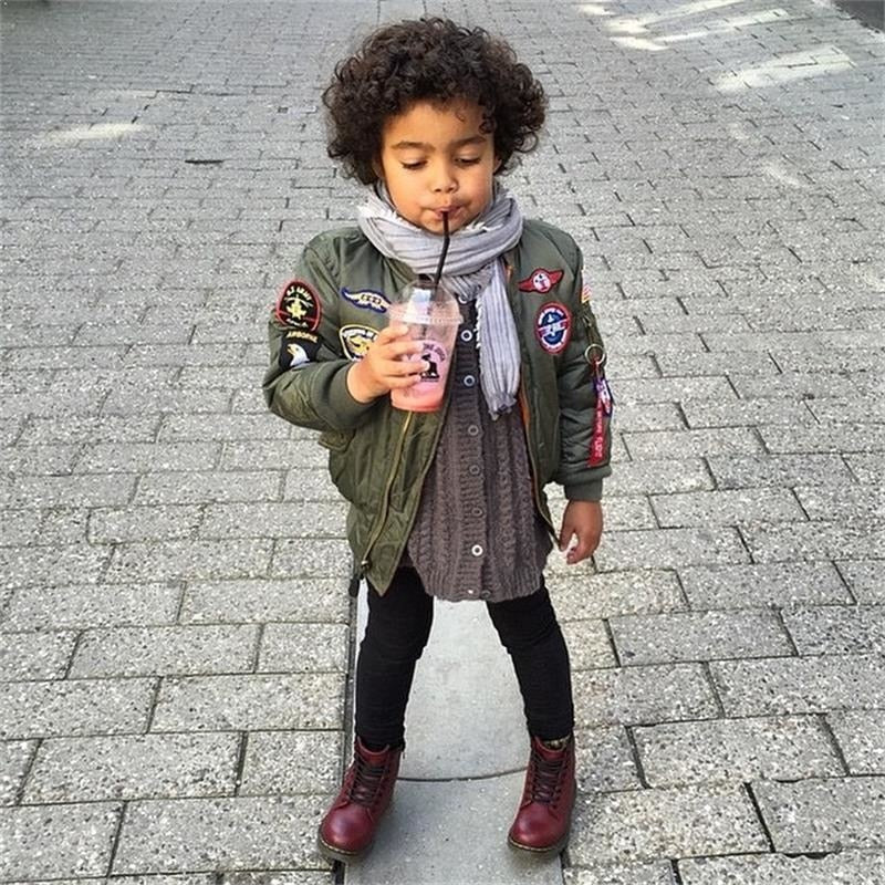 Military Flight Quilted Satin Bomber Jacket w/ Patches 2-10yo