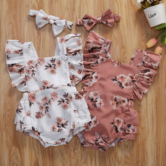 6-24M Baby Girl Romper w/Headband-Pink or Beige