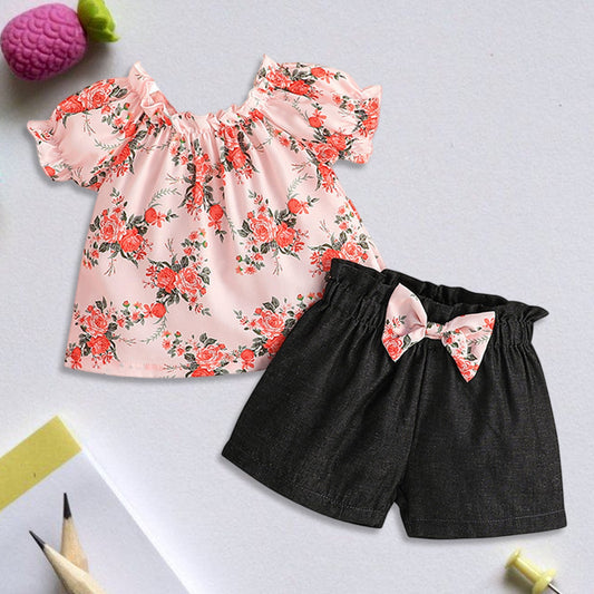 2pc Top & Shorts Set - Round Neck Pleated 9m-24m, 3T-4T,