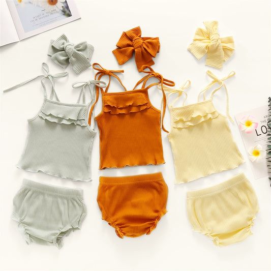 0-18M Baby Girls Knitted Top & Bottom Set w/ Headband