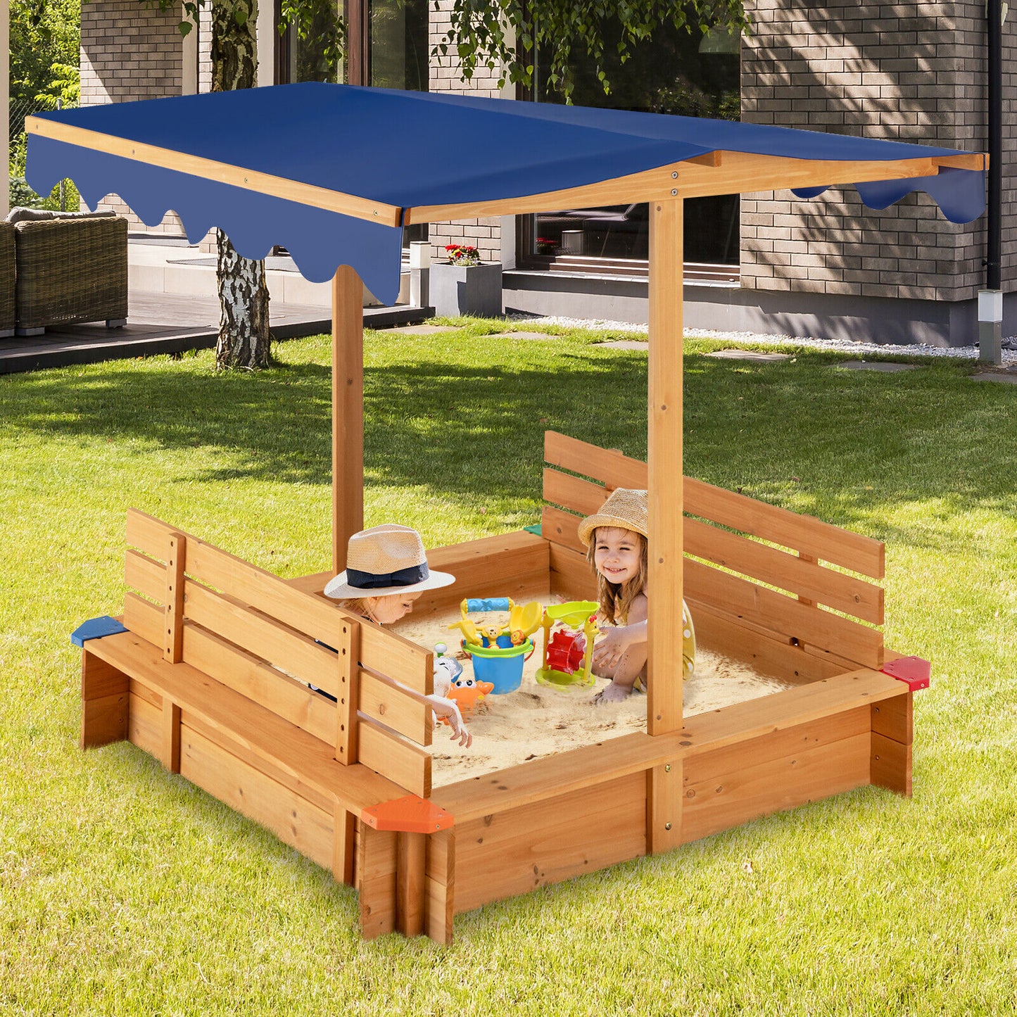 Costway  Sandbox-Cedar Wooden w/ Waterproof Canopy 2 Bench Seats-Bottom Liner