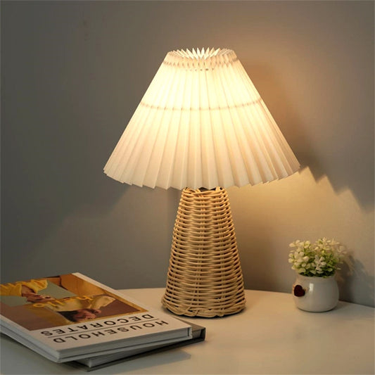 Pleated Table Lamp Rattan Base-Dimmable USB Bedside-12in