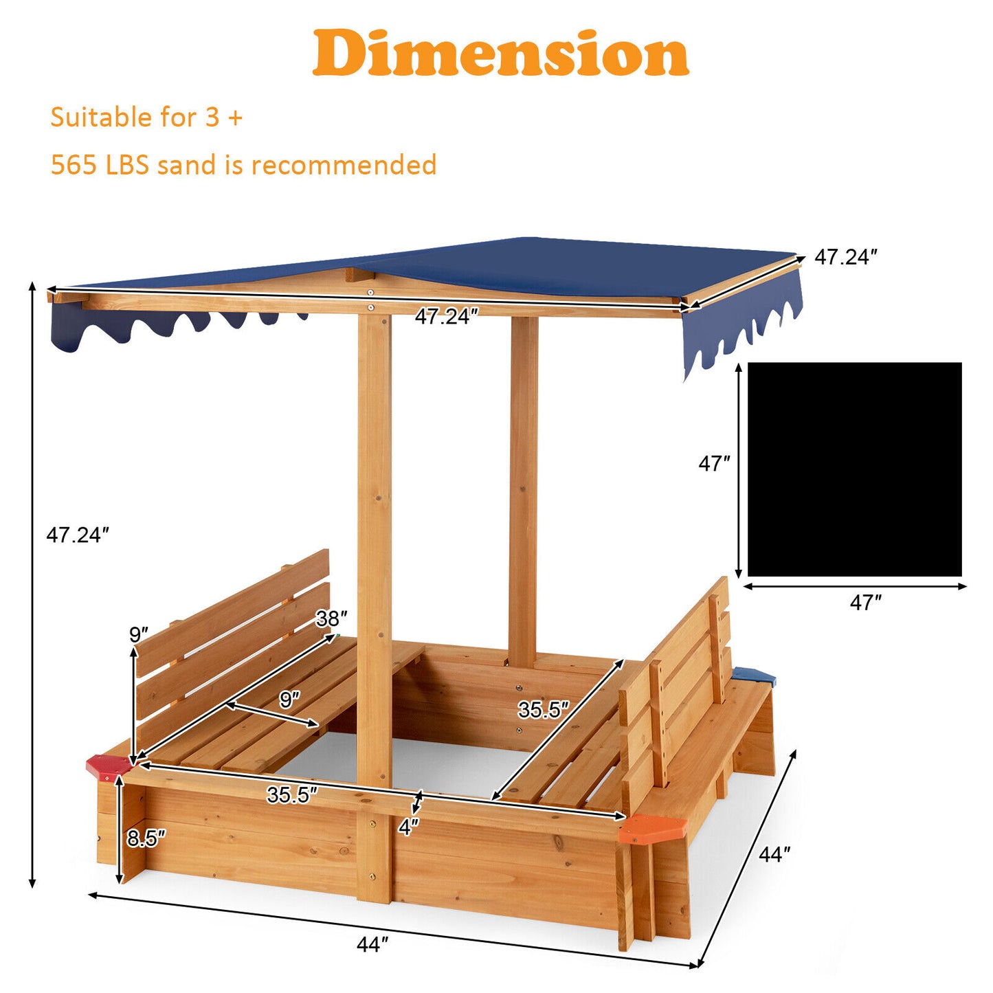 Costway  Sandbox-Cedar Wooden w/ Waterproof Canopy 2 Bench Seats-Bottom Liner