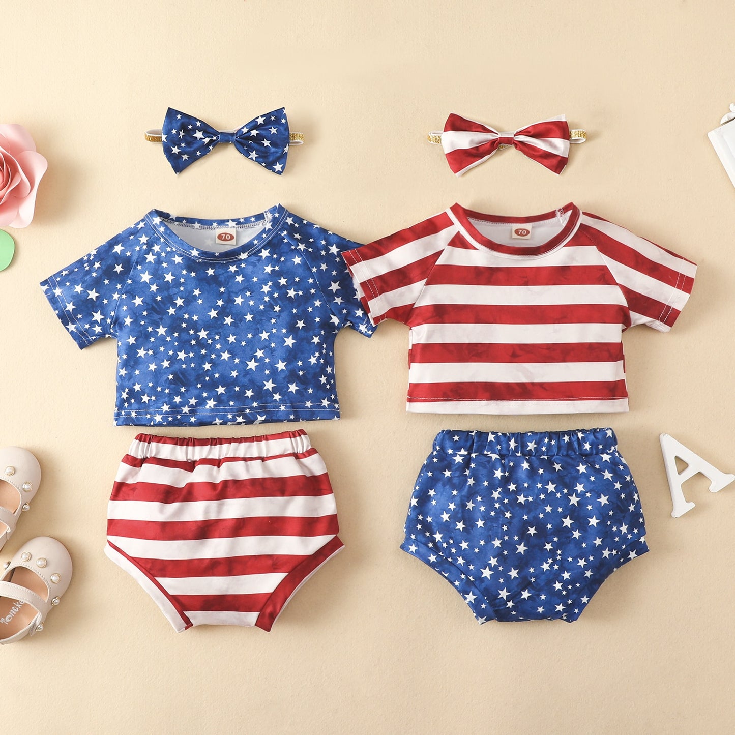 6M-5Y Independence Day 3pc Girls Clothes Set-Shirt-Shorts-Headband