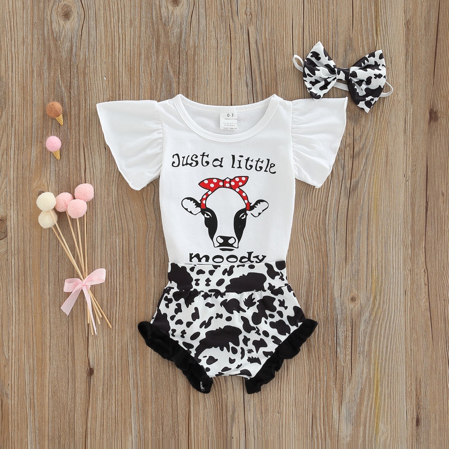 Baby Girls 0-18M Clothes Set Cow Ladybug-Shorts-Headband