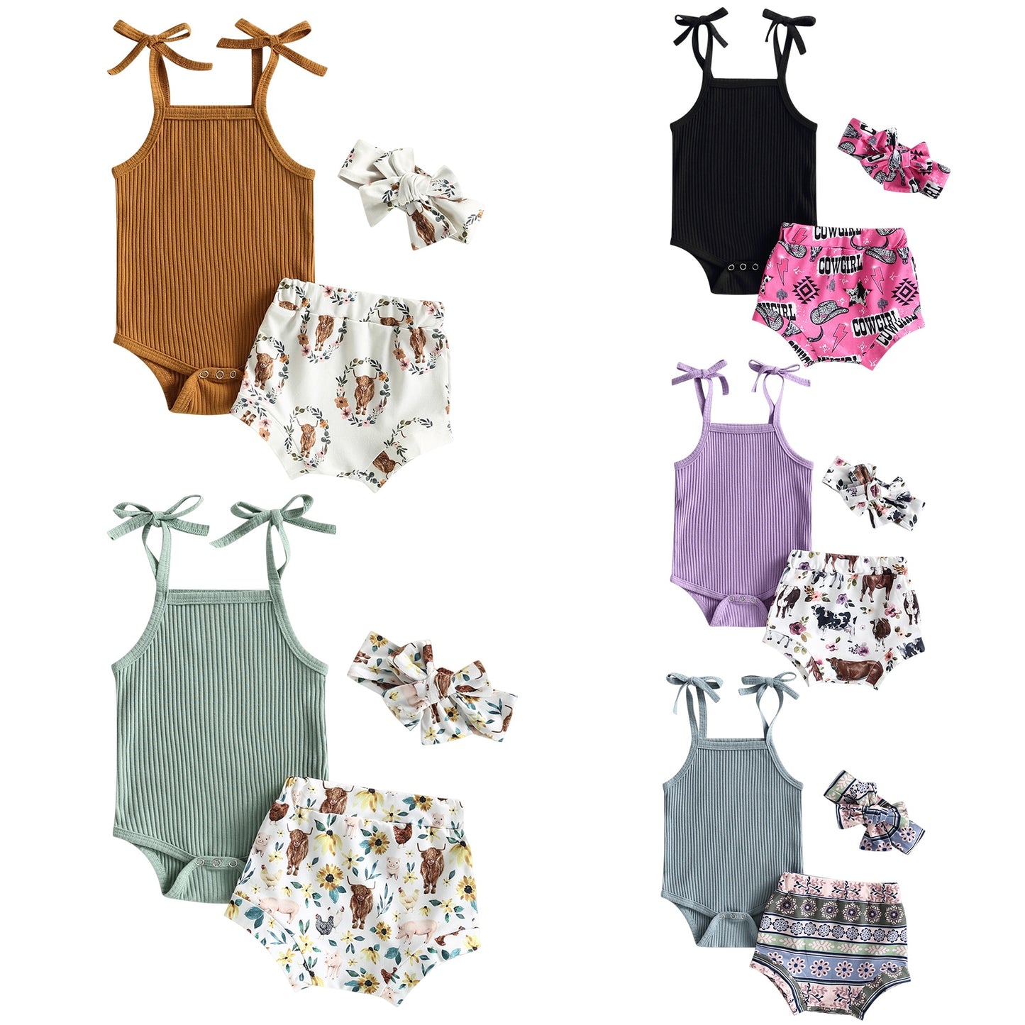 0-24m-3pc Sleeveless Knitted Romper, Printed Shorts & Headband Bow