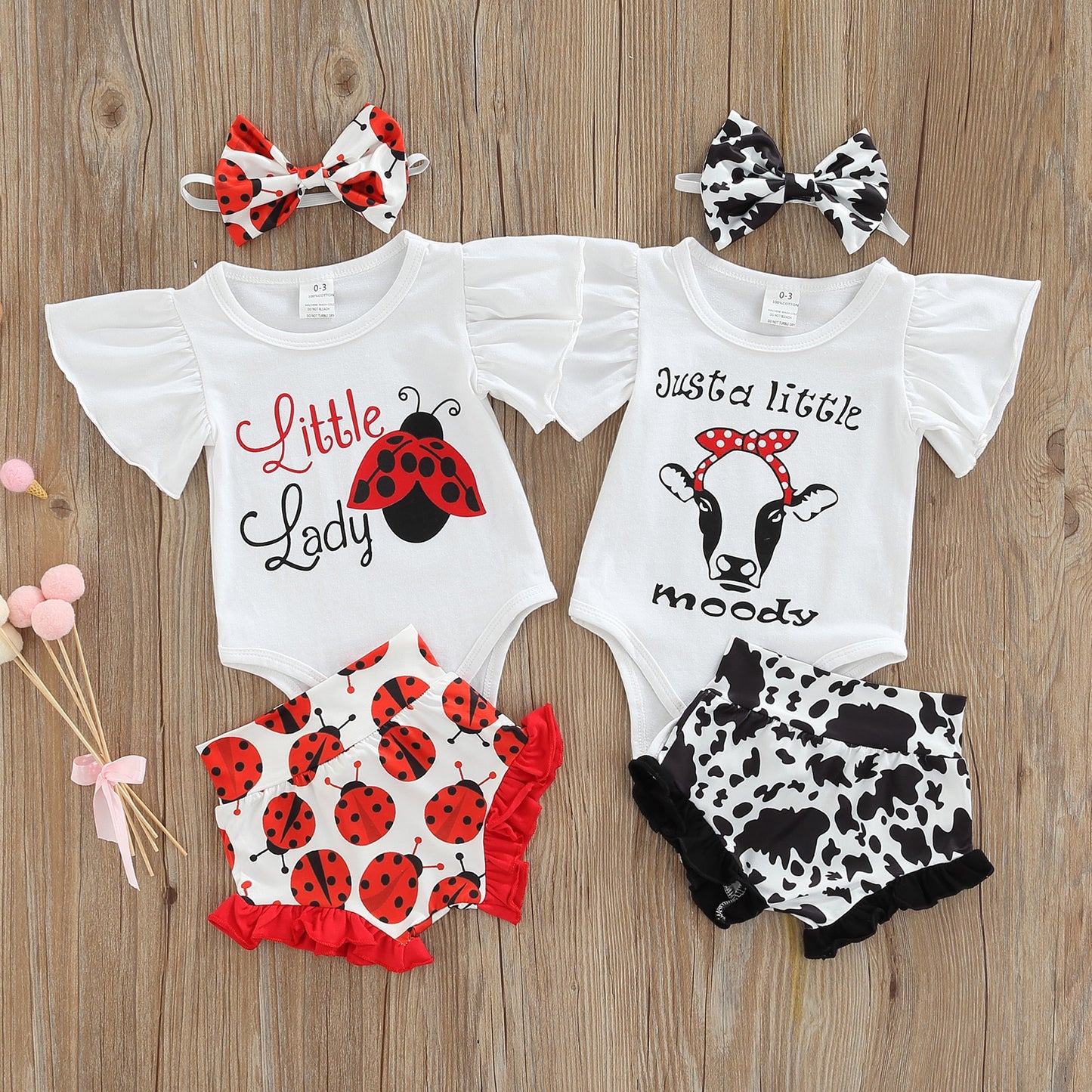 Baby Girls 0-18M Clothes Set Cow Ladybug-Shorts-Headband