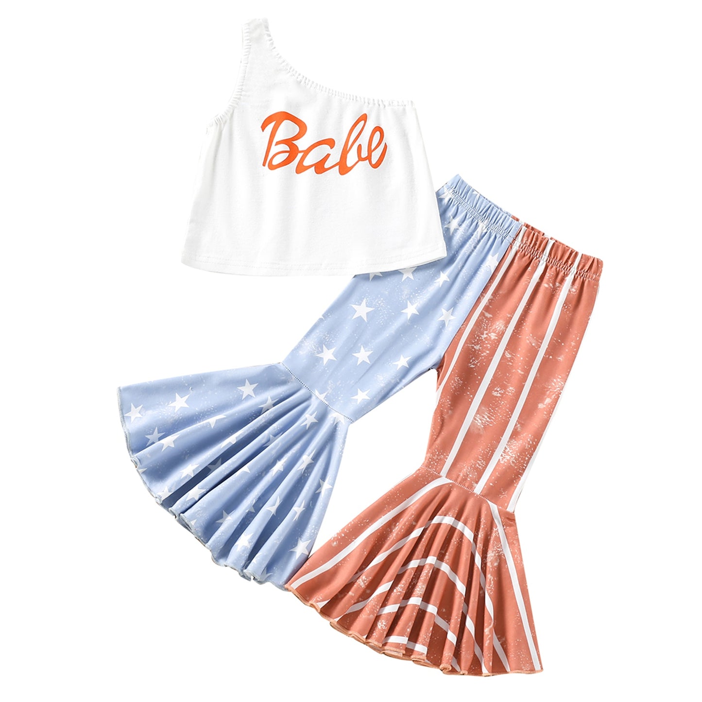 2-7Y Independence Day Set-One Shoulder Top-Star Print Flare Pants