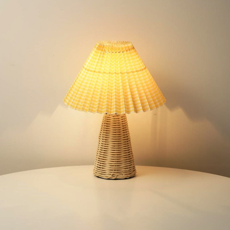 Pleated Table Lamp Rattan Base-Dimmable USB Bedside-12in