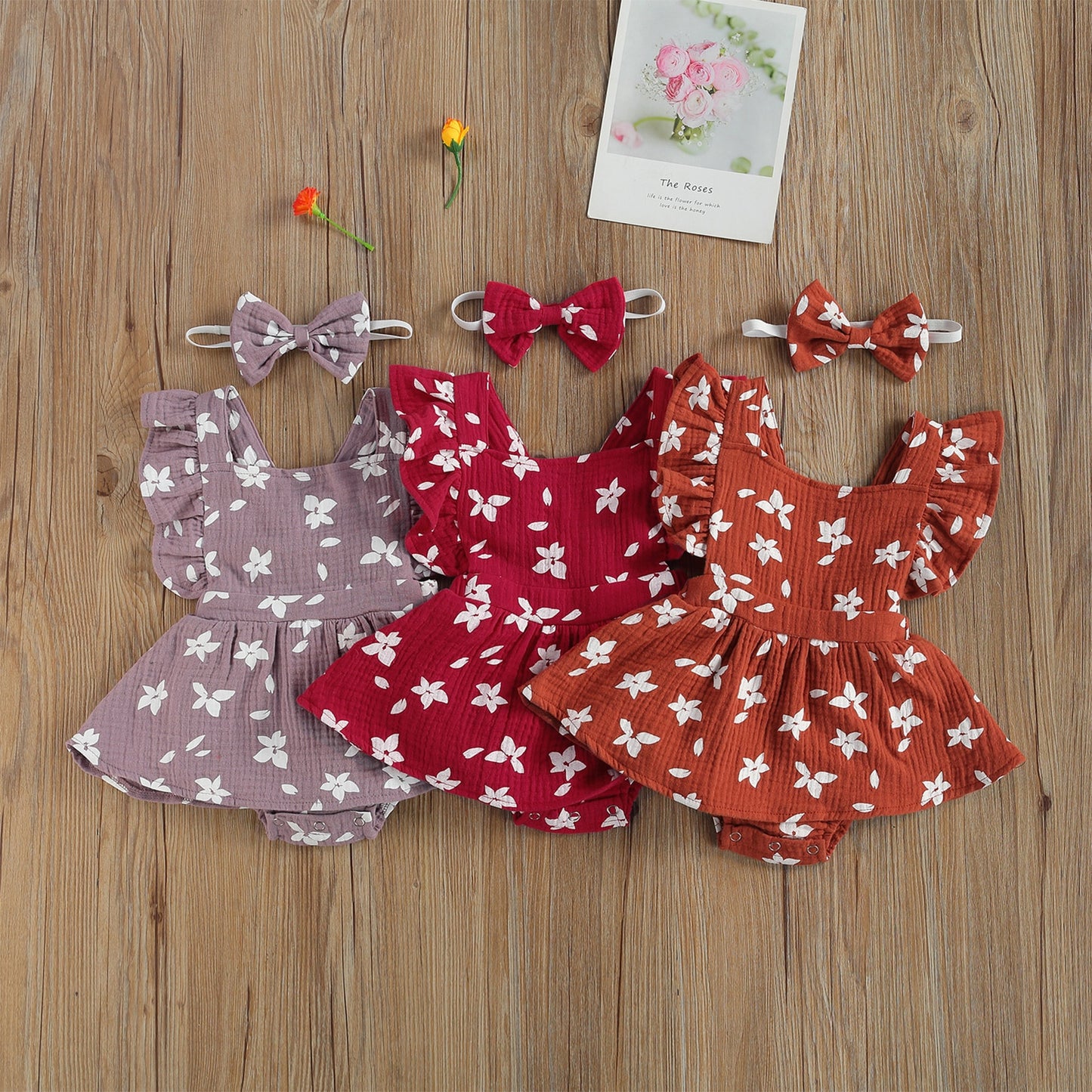 2pc Ruffle Sleeve Printed Dress Romper + Bow Outfit  3m-24m