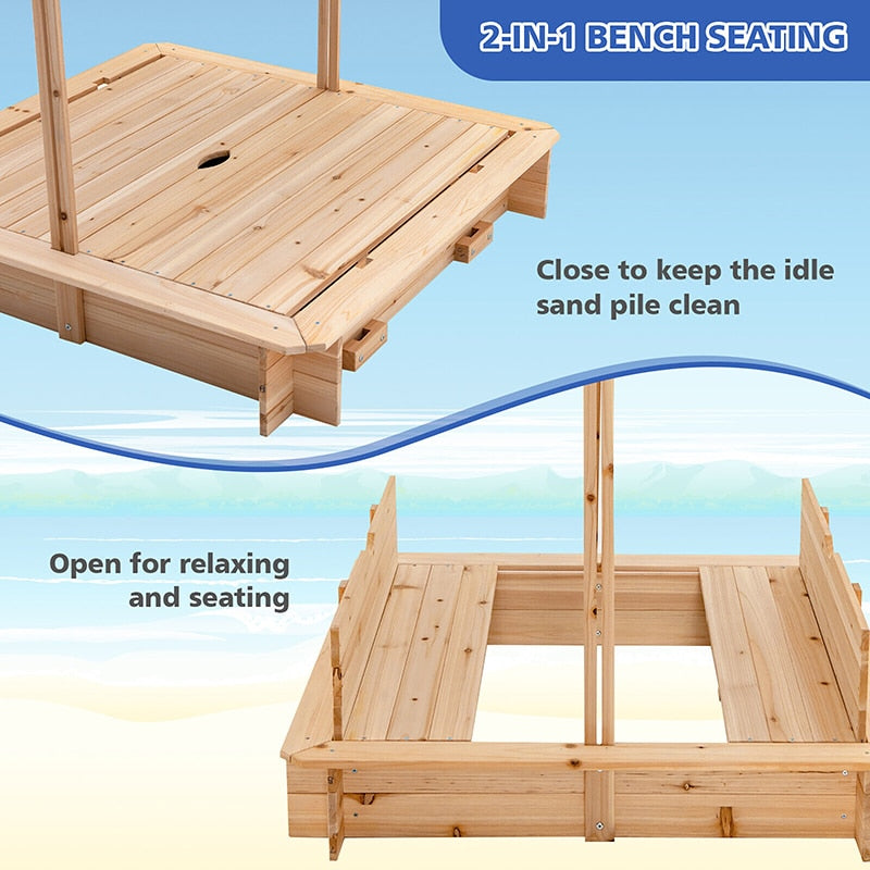 Cedar Wooden Sandbox w/ Canopy & Foldable Bench Seats